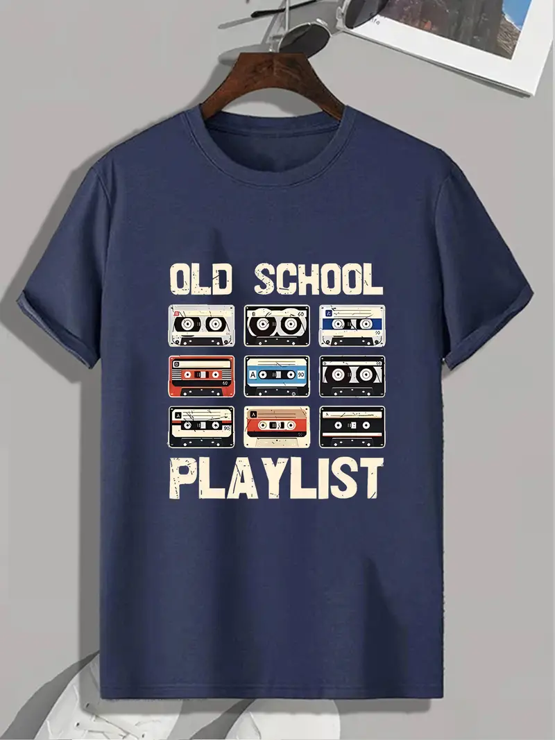 Old School Playlist Print T Shirt (Navy Blue)